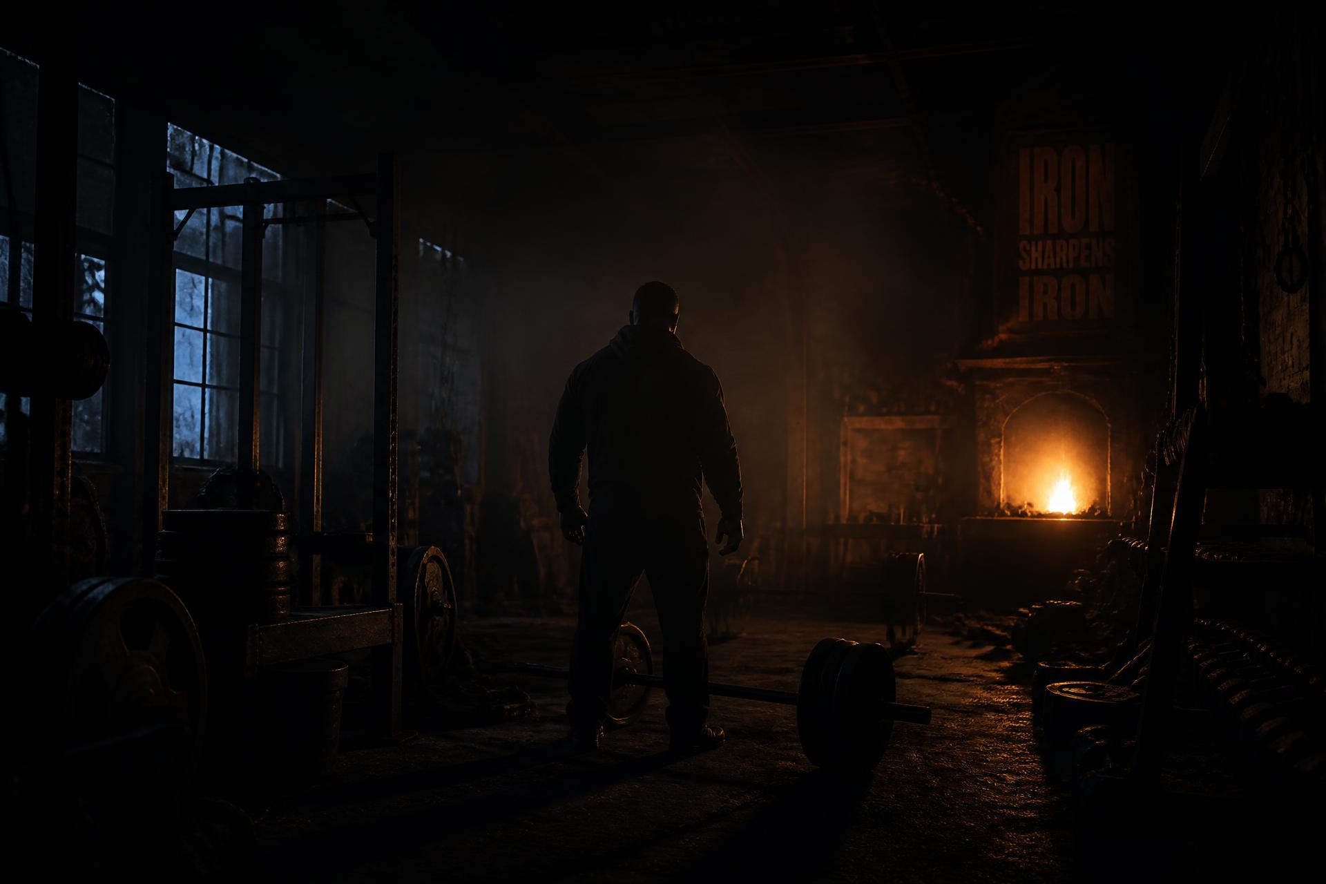 A man standing in a dim iron gym before dawn, lit by a single forge light